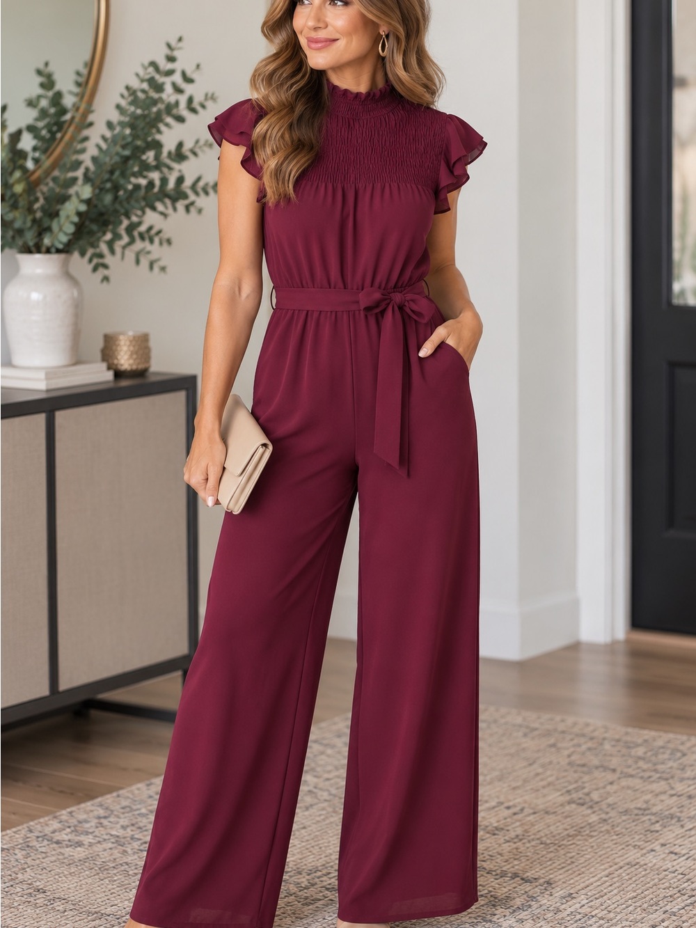 Maison Tara Wine-Red Smocked Yoke Wide-Leg Jumpsuit pockets wedding guest career